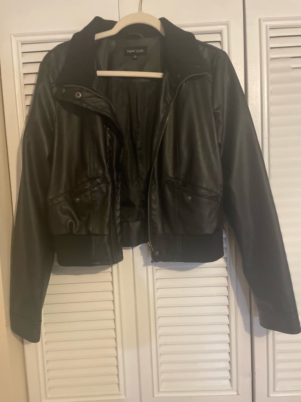 New Look Black Faux Leather Cropped Bomber Jacket